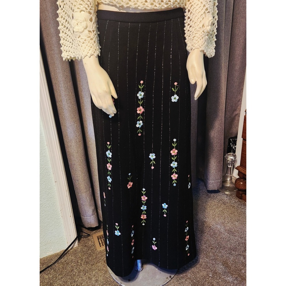 VTG 70's Wool Straight Maxi Skirt Embroidered Silver Striped Dark Academia Sz 14
